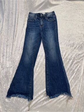 Flying Monkey Youth High Rise Flare Jeans Dark Wash Raw Frayed Hem Size 10